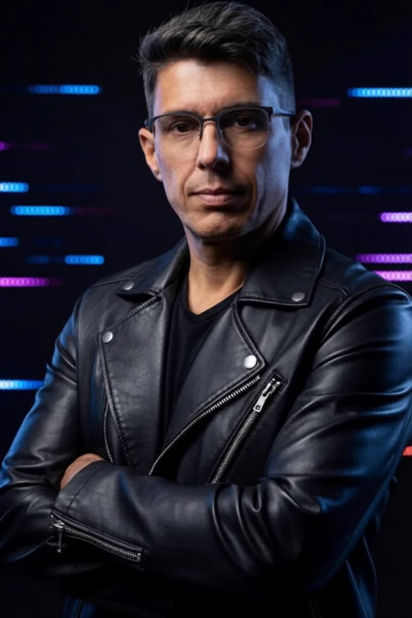 Retrato de DJ BetoBrizz de jaqueta de couro diante de um painel de LED